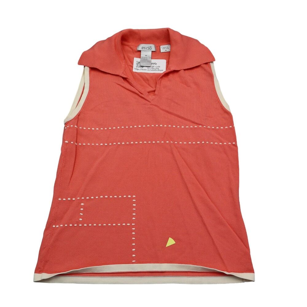 Escio Shirt Womens M Orange Sleeveless Knitted Pullover Collared Top